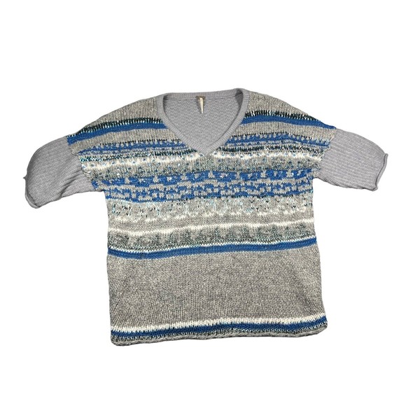 Free People Sweater Small Gray Blue Sequin V-Neck Sweater Short Sleeve Boho - Picture 2 of 7